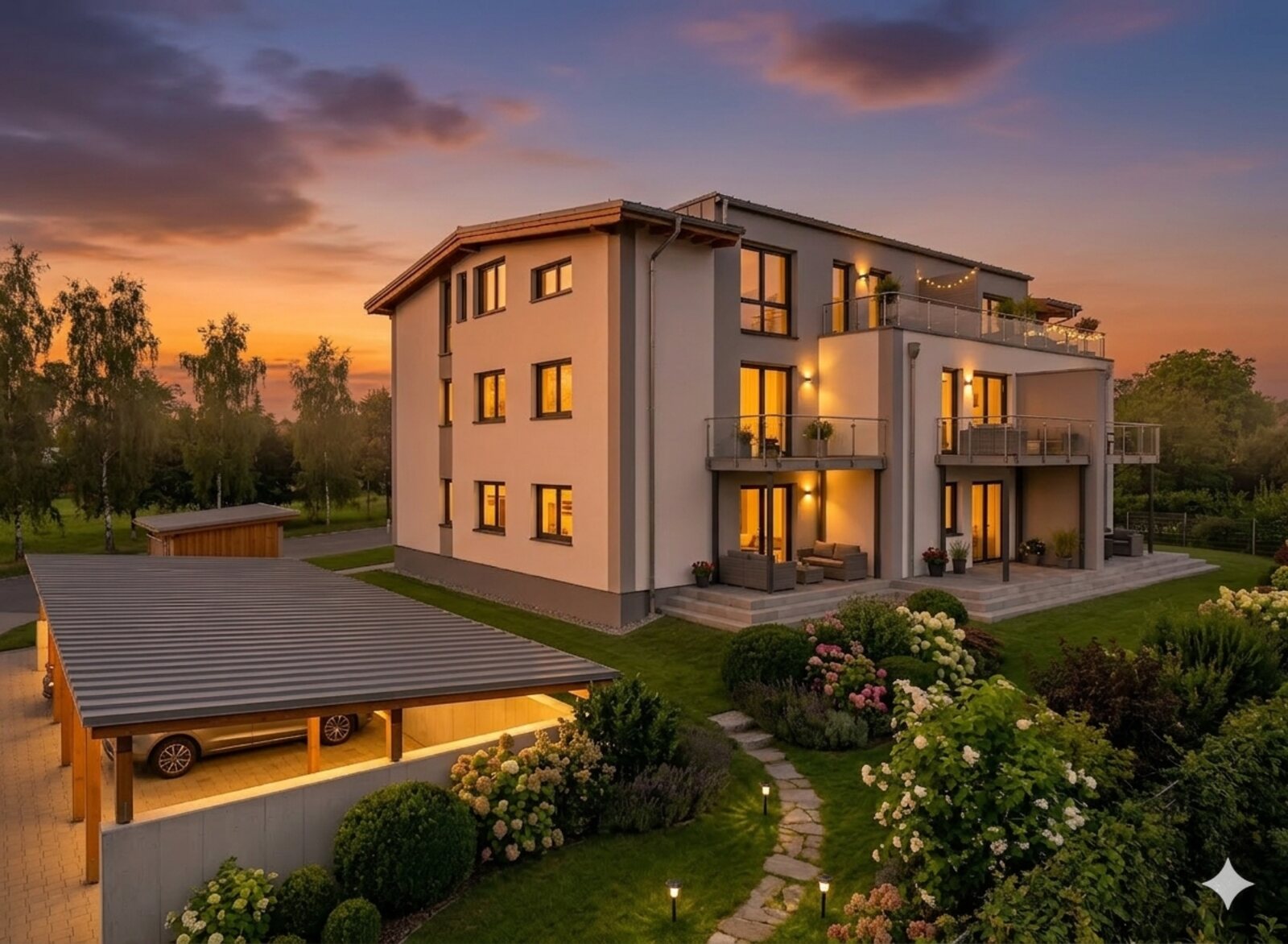 Mühlenblick 2/4 in Teterow, Abendansicht mit beleuchteten Balkonen und Carport