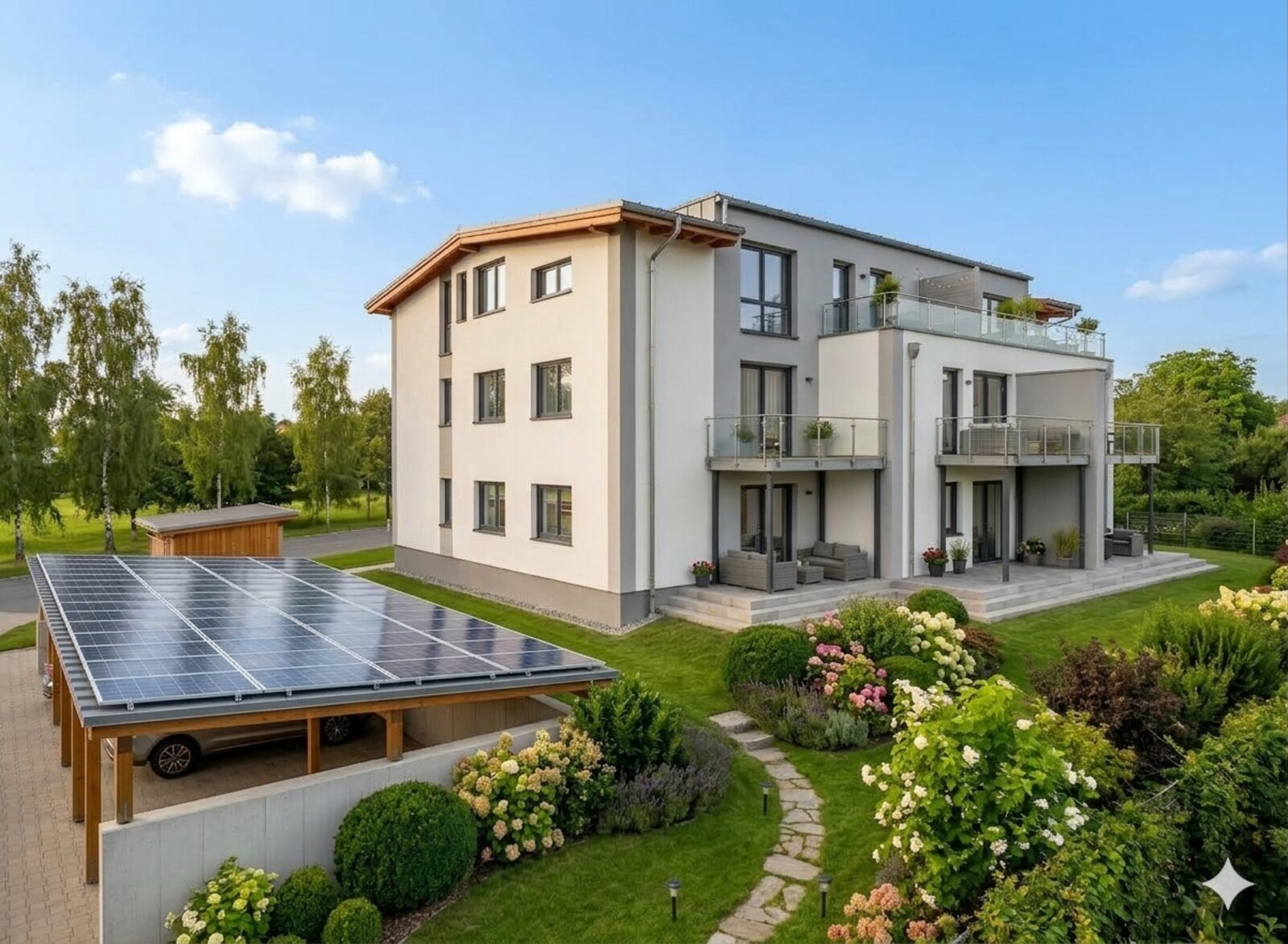 Gartenansicht mit Photovoltaikanlage auf dem Carport